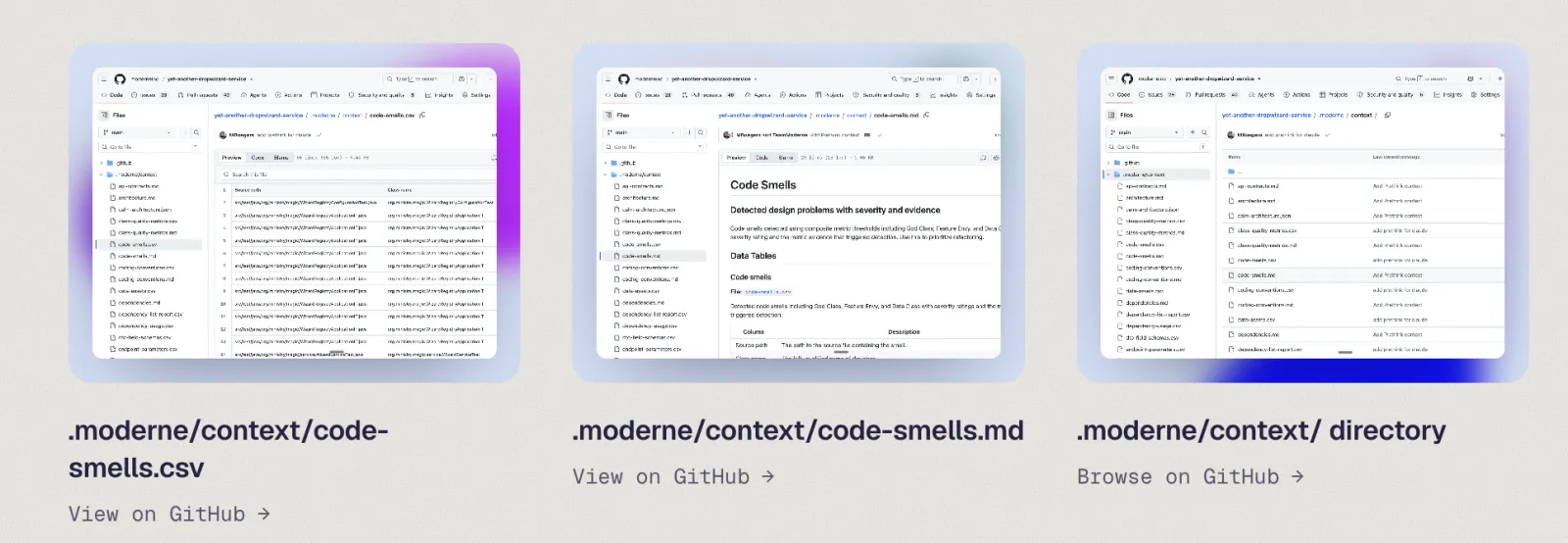 Three GitHub views of .moderne/context files, each in a gradient frame