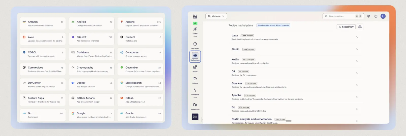 Two recipe marketplace views, each in a gradient frame