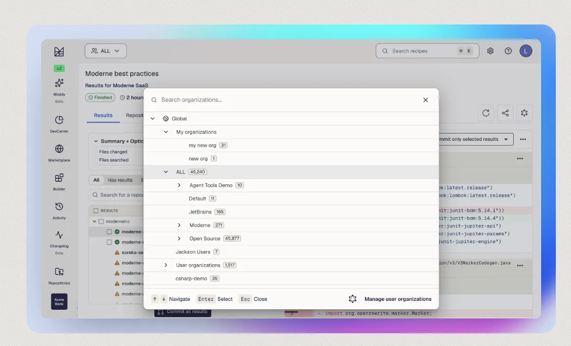 Moderne organization selector in a gradient frame