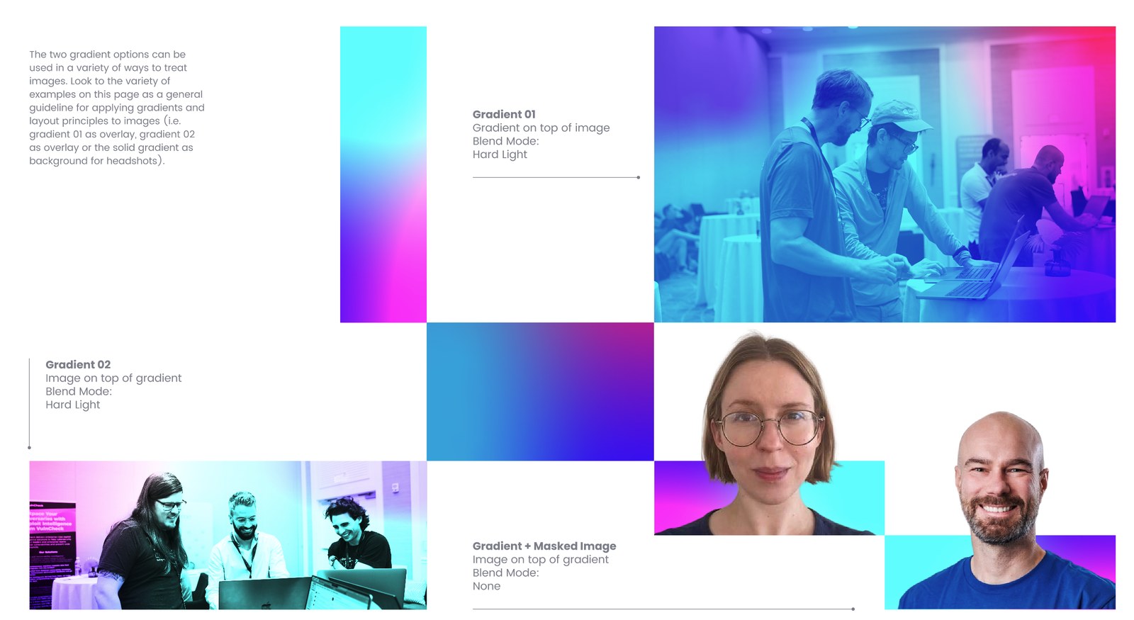 Examples of applying the gradients to images — overlay, base, and masked headshots