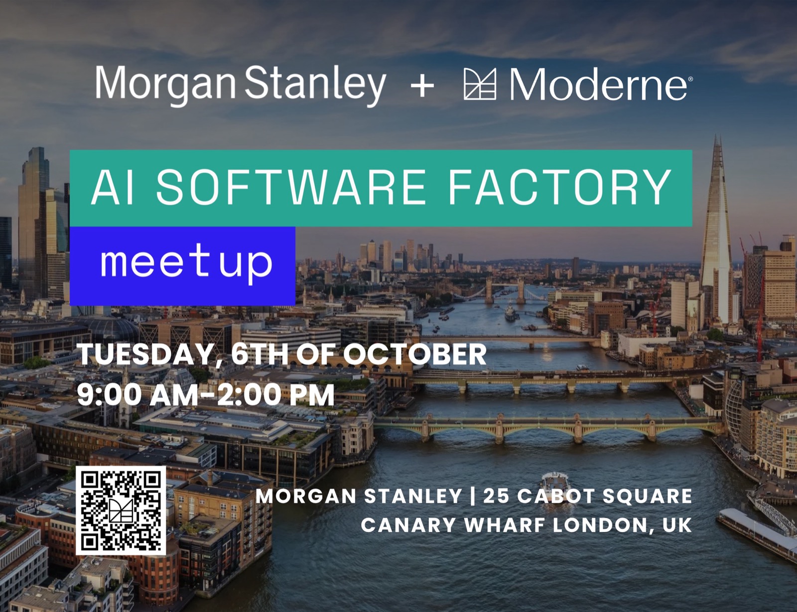 AI Software Factory Meetup with Morgan Stanley — London skyline event graphic