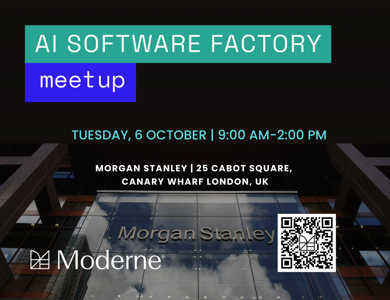 AI Software Factory Meetup with Morgan Stanley — dark event graphic